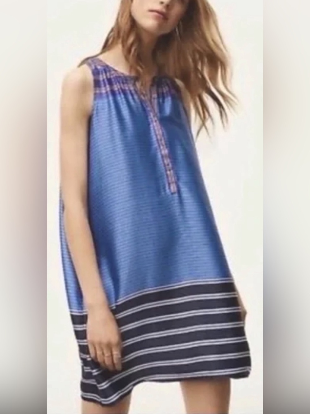 LOFT Slate Blue and Coral Striped Button-Front Top